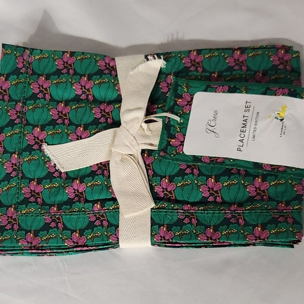 NWT J CREW LIMITED EDITION GREEN/PINK FLORAL FABRIC PLACEMATS SET of 4